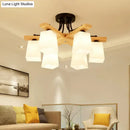 DecorBites™ Nordic Black and Wood Semi Flush Mount Chandelier with Milk Glass Shade - 3/6/8 Light Ceiling Fixture for Living Room