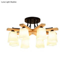DecorBites™ Nordic Black and Wood Semi Flush Mount Chandelier with Milk Glass Shade - 3/6/8 Light Ceiling Fixture for Living Room