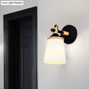 Modernist black & wood wall lamp with cream glass shade bedroom light