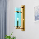 DecorBites™ Modernist Brass Wall Lamp with Tubular Cognac/Water Blue Glass Shade - Bedroom Sconce Light Fixture