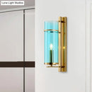 DecorBites™ Modernist Brass Wall Lamp with Tubular Cognac/Water Blue Glass Shade - Bedroom Sconce Light Fixture