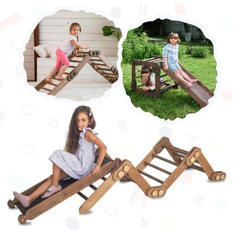 Montessori Climbing Frame Set 2in1: Snake Ladder + Slide Board/Climbing Ramp - Chocolate