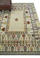 Tribal Art 5x7 Ivory and Beige Hand Spun Wool Hand Woven Southwestern Gabbeh Rug | KNT43