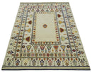 Tribal Art 5x7 Ivory and Beige Hand Spun Wool Hand Woven Southwestern Gabbeh Rug | KNT43