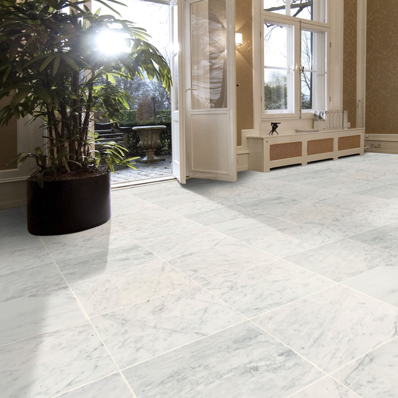 mugla white stone marble polished 24x24 installed on floor