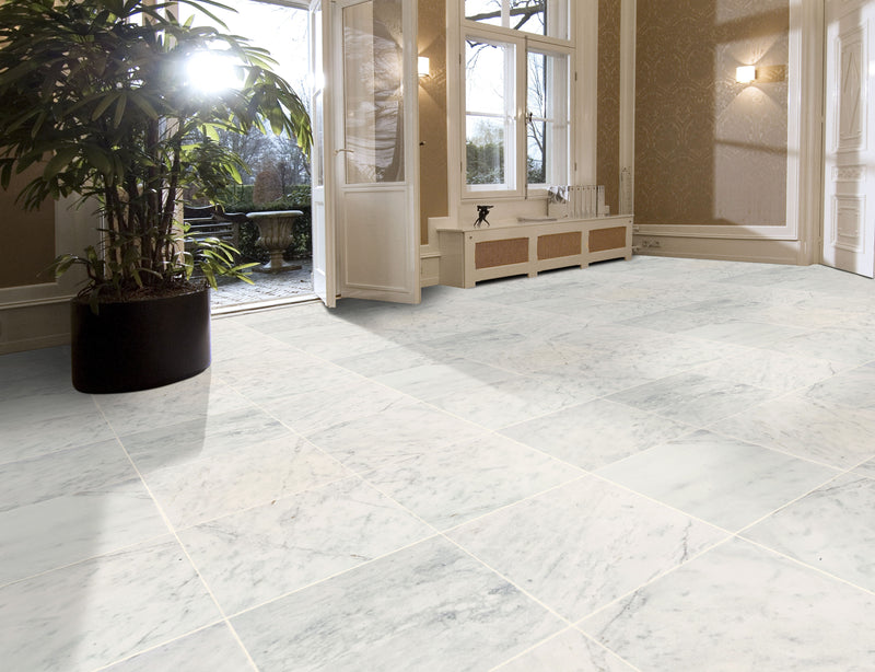 mugla white stone marble polished 24x24 installed on floor wide