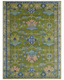 Multi size Moss Green, Blue and Peach Hand Knotted Vibrant colorful Donegal Wool Rug