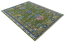Multi size Moss Green, Blue and Peach Hand Knotted Vibrant colorful Donegal Wool Rug