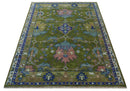 Multi size Moss Green, Blue and Peach Hand Knotted Vibrant colorful Donegal Wool Rug