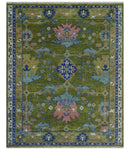 Multi size Moss Green, Blue and Peach Hand Knotted Vibrant colorful Donegal Wool Rug