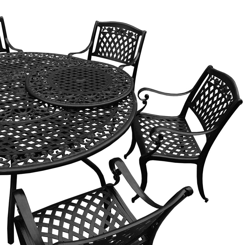 Outdoor Aluminum 7pc Round Patio Dining Set, Lazy Susan, Six Chairs