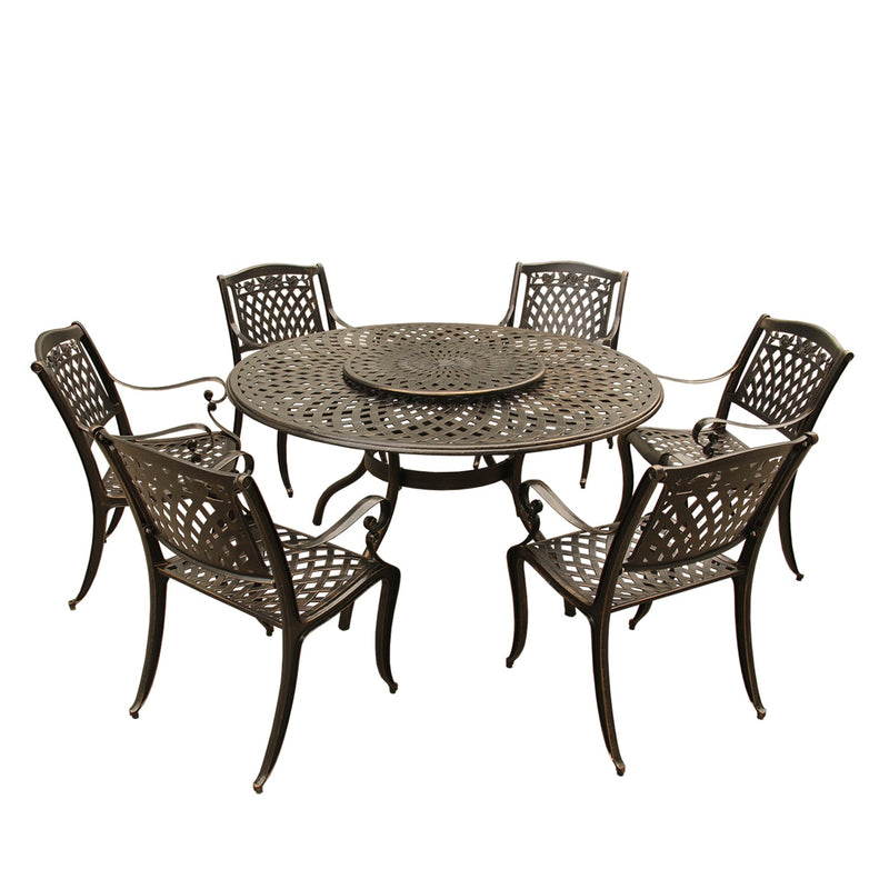 Outdoor Aluminum 7pc Round Patio Dining Set, Lazy Susan, Six Chairs