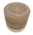 Hand Braided Natural Brown and White Jute Round Pouf