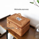 Natural tan handwoven rattan storage box with ceramic lid kitchen case