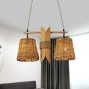DecorBites™ Rattan Conic Restaurant Pendant Lamp with 2 Beige Heads and Bamboo Tube Decoration