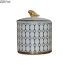 Navy and white geometric storage jar with gold plated bird bedroom decor