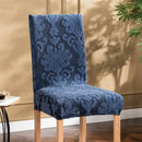 Navy & light gray damask embossed print chair covers dining room