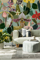 Green Wallpaper with Exotic Flowers