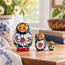 Set of 3 Wooden Daisy Nesting Dolls - 2" Blue & Yellow Flower Matryoshka