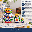 Set of 3 Wooden Daisy Nesting Dolls - 2" Blue & Yellow Flower Matryoshka
