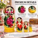 Set of 4 Wooden Rose Nesting Dolls - 4" Traditional Red Flower Matryoshka
