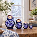 Set of 4 Wooden Floral Nesting Dolls - 3" Blue & Purple Flower Matryoshka