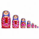 Set of 7 Blue Scarf Red Dress  Nesting Dolls 8.5 Inches