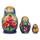 Set of 3 Wooden Floral Nesting Dolls - 3.5" Blue & Red Rose Matryoshka
