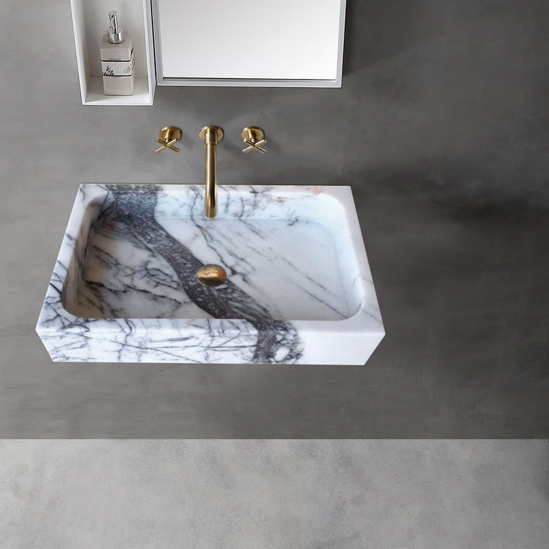 New York Marble Rectangular Wall-mount Bathroom Sink Polished (W)16" (L)24" (H)5" installed bathroom gold drain set and faucets