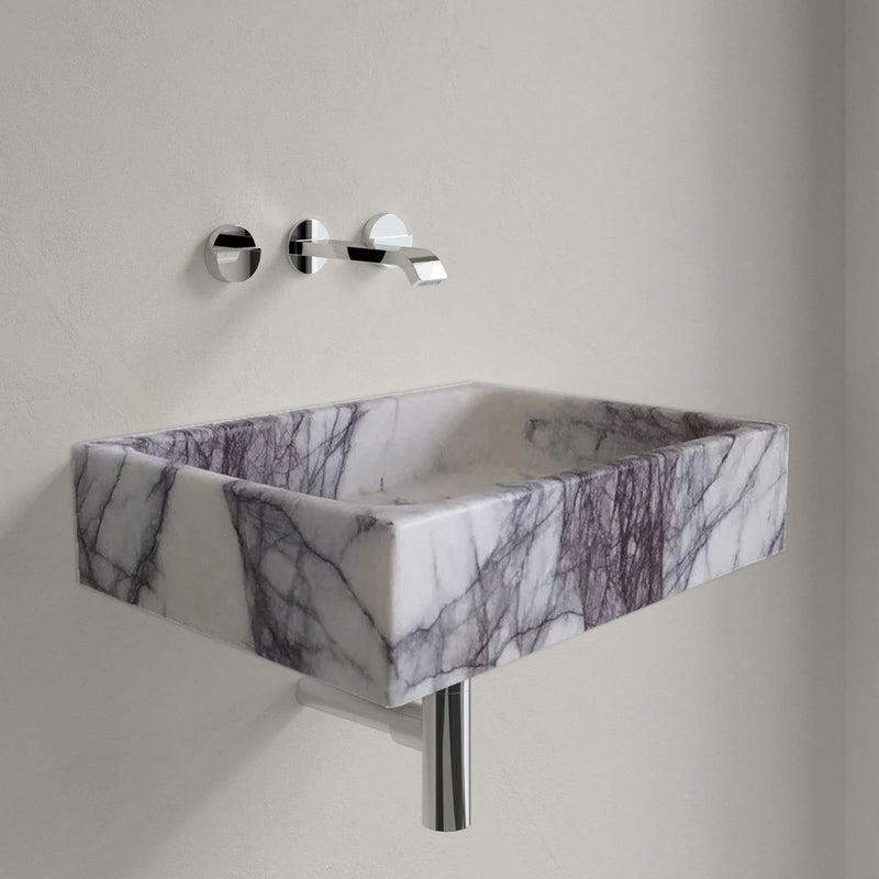 New York Marble Rectangular Wall-mount Bathroom Sink Polished (W)16" (L)24" (H)5" installed bathroom chrome drain set and faucets