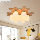 Nordic cream glass bell ceiling light with wood antler for bedroom