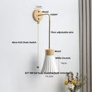 Nordic white ribbed ceramic wood wall sconce – bedroom pull chain light
