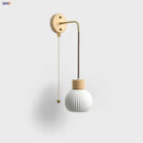 Nordic white ribbed ceramic wood wall sconce – bedroom pull chain light