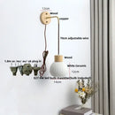 Nordic white ribbed ceramic wood wall sconce – bedroom pull chain light