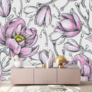 Modish White Wallpaper with Pink Flowers Fashionable
