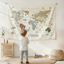 Wooden Hangers Tapestry World Map - Fabric Nursery Wall Banner Art