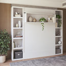Easy-Lift Queen Murphy Wall Bed in White with Two Bookshelves