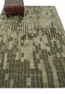 Olive, Beige, Charcoal and Ivory Modern Geometrical Brick Design 4.6x6.6 wool and Art Silk Area Rug