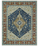 Olive, Blue, Beige and Rust Traditional Heriz Medallion Hand Tufted Custom Made wool area Rug