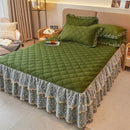 Olive green and white floral quilted bed skirt set bedroom lace trim