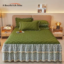 Olive green and white floral quilted bed skirt set bedroom lace trim