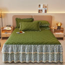 Olive green and white floral quilted bed skirt set bedroom lace trim