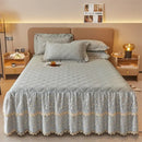 Olive green and white floral quilted bed skirt set bedroom lace trim