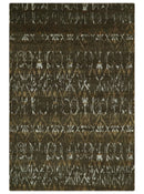 Olive, Ivory and Brown Hand Knotted Traditional Ikat Design 6x9 wool and Viscose area Rug