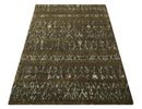 Olive, Ivory and Brown Hand Knotted Traditional Ikat Design 6x9 wool and Viscose area Rug