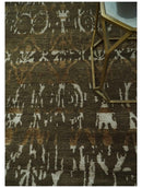 Olive, Ivory and Brown Hand Knotted Traditional Ikat Design 6x9 wool and Viscose area Rug