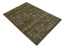 Olive, Ivory and Brown Hand Knotted Traditional Ikat Design 6x9 wool and Viscose area Rug