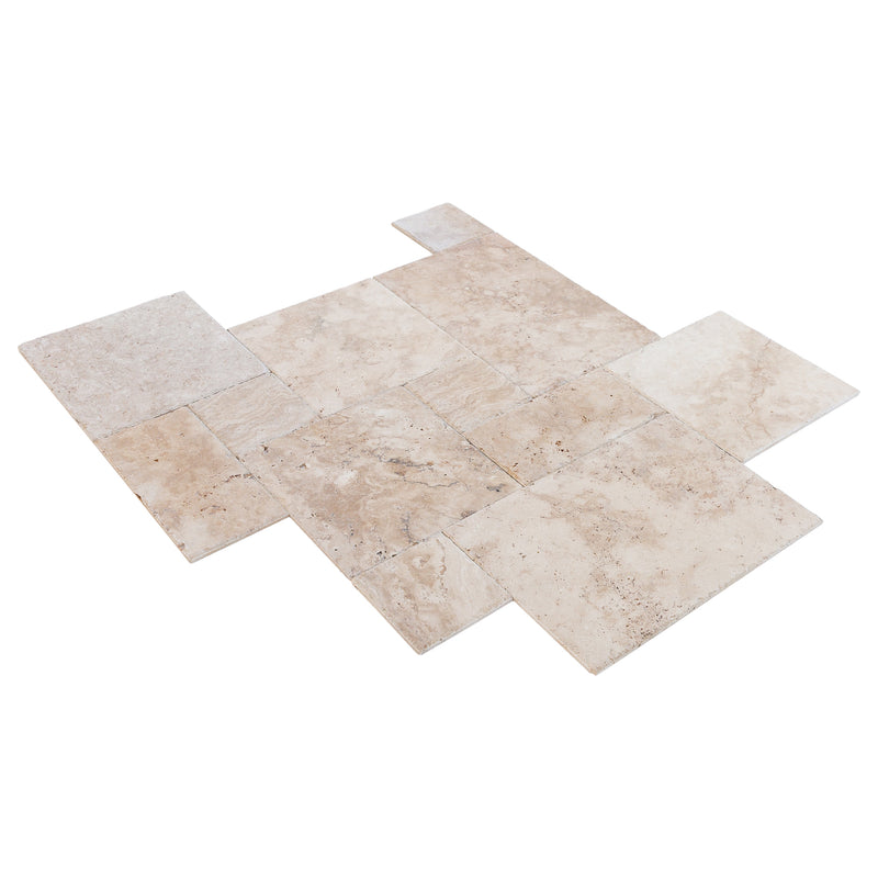 olympus beige travertine floor wall tile 4-sized pattern brushed chiseled angle view
