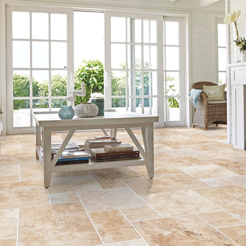 olympus beige travertine floor wall tile 4-sized pattern brushed chiseled installed living room fireplace