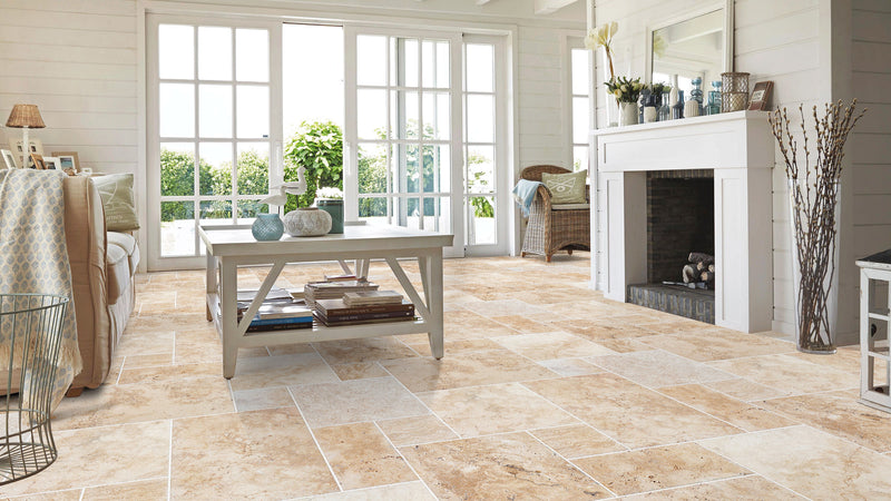 olympus beige travertine floor wall tile 4-sized pattern brushed chiseled installed living room fireplace wide view